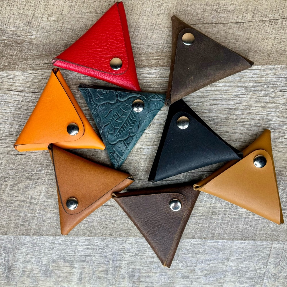 triangle coin pouch hand crafted leather with snap 3.75”
